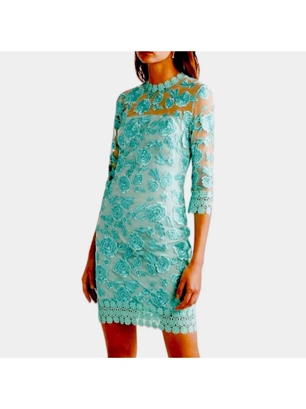 NWT $2439 Naeem Khan Embroidered Floral Lace Sheath Dress Turquoise Size 6